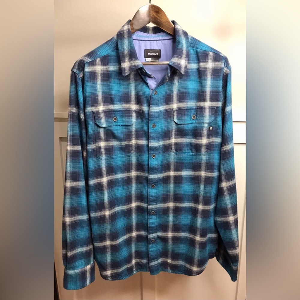 Marmot Jasper Midweight Flannel Men’s XL Turquoise Blue Exc Cond